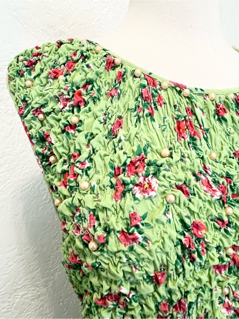 Vintage 90s Y2K Dress Green Pink Floral Beaded Smocked Cottagecore Boho Retro M - Picture 3 of 13